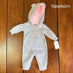 Light grey polka dot fleece romper